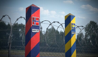 Border posts with flags of Norway and Sweden - 3d illustration