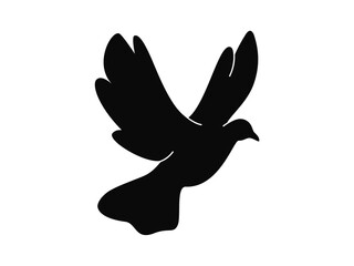 black flying dove silhouette on white background. Isolated icon of pigeon with raised up and opened wings for desings. vector illustration