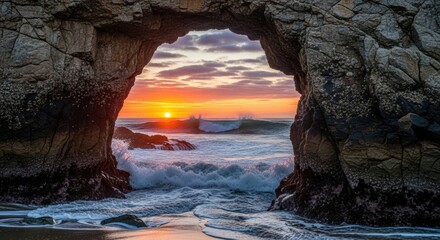 Dramatic Sunset Through Sea Arch, Crashing Waves, and Barnacle-Covered Rocks