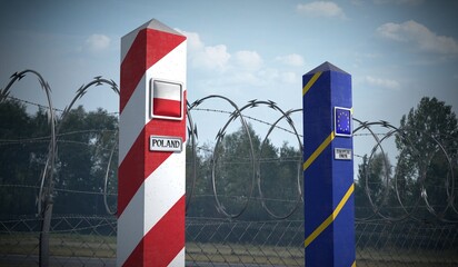 Border posts with flags of Poland and European Union - 3d illustration