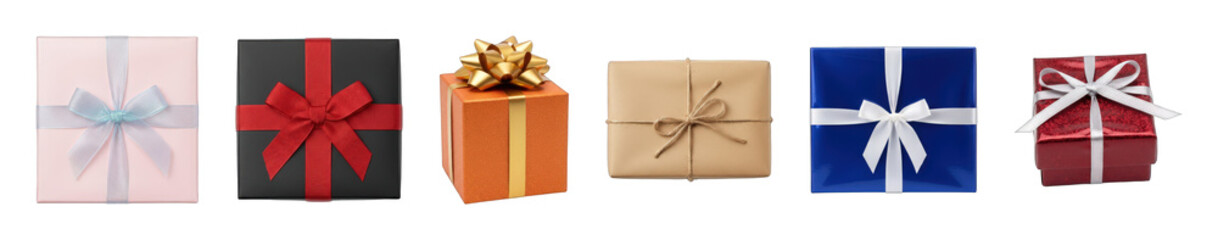 Gift box set including assorted colorful, wrapped presents with various ribbons and textures isolated. Celebration, holiday, and retail collection.