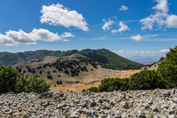 Red Trail on Pizzo Carbonara, the highest peak of Piano Battaglia, featuring panoramic mountain landscapes, rugged peaks, and scenic vistas in the Madonie Mountains, Sicily, Italy Carbonara mountain
