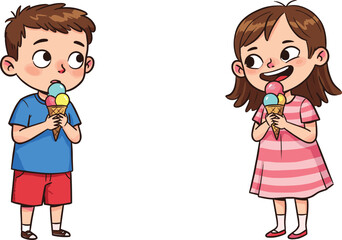 Children with ice cream cones cartoon illustration, joyful summer treat and emotional connection concept artwork for lifestyle, childhood, and play design