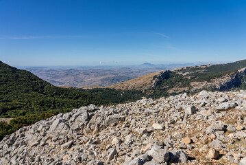 Red Trail on Pizzo Carbonara, the highest peak of Piano Battaglia, featuring panoramic mountain landscapes, rugged peaks, and scenic vistas in the Madonie Mountains, Sicily, Italy Carbonara mountain