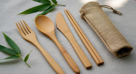 Eco-friendly bamboo cutlery set with reusable chopsticks and jute pouch, natural and sustainable dining