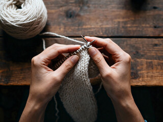 Close-up of knitting hands working with chunky wool yarn on wooden table