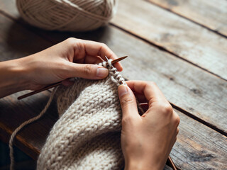 Close-up of hands knitting warm wool fabric with beige yarn on rustic wooden surface