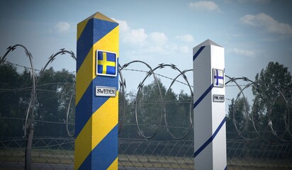 Border posts with flags of Sweden and Finland - 3d illustration
