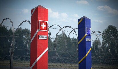 Border posts with flags of Switzerland and European Union - 3d illustration