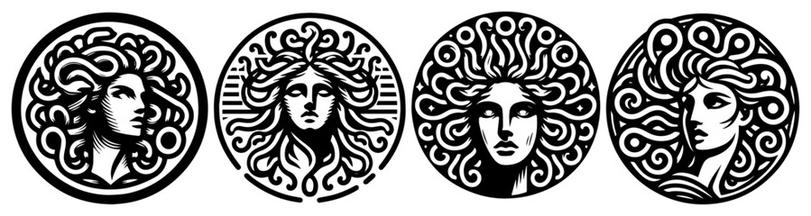 Mythic Gorgon Medusa round emblem collection — stylised serpentine female heads vintage set