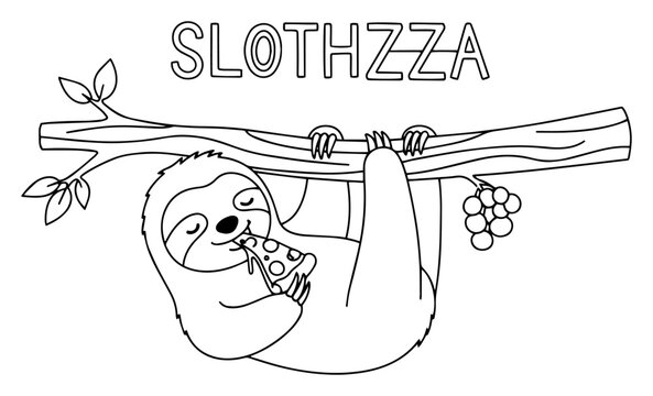 Cute sloth hanging from branch eating pizza — funny “Slothzza” food pun cartoon
