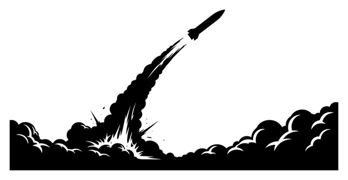Rocket blasting off through smoke cloud &mdash; dramatic launch silhouette vector graphic