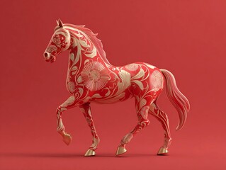 Vibrant red horse sculpture decorated with floral patterns in an artistic display