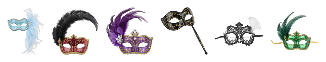 Masquerade masks set including elaborate, feathered, beaded, and hand-held styles isolated. Festive party and carnival accessory collection.