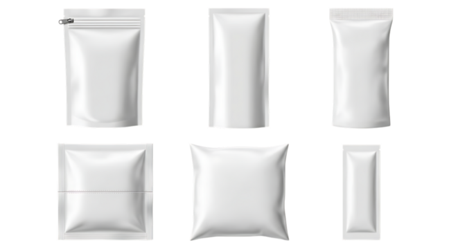 Assortment of blank white packaging pouches, isolated on transparent background