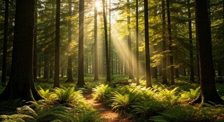 Obraz premium A sunlit forest path winding through tall trees and lush ferns creating a serene and inviting scene