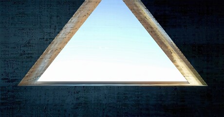 Concrete wall features triangular opening. Sky visible through geometric shape, creating stark contrast. Minimalist composition.