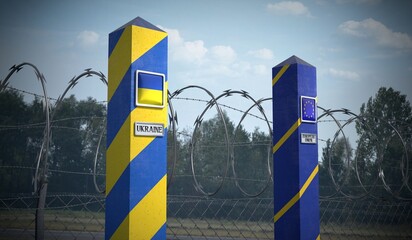 Border posts with flags of Ukraine and European Union - 3d illustration