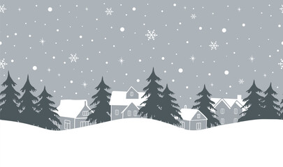 Christmas Seamless Border.. Winter Village in Forest. Houses, Fir Trees under Snow. Snowflakes. Greeting Card Template. White, Dark Gray Silhouettes on Light Gray Background. Vector Illustration 