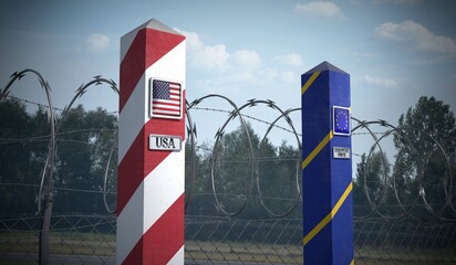Border posts with flags of Usa and European Union - 3d illustration