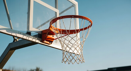 A basketball hoop stands tall against a clear, azure sky. The image evokes feelings of potential, competition, and the thrill of the game.