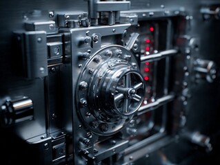 Close-up view of a high-security bank vault door with intricate design and mechanisms