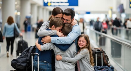 Emotional Airport Reunion: Family Embracing with Tears of Joy and Luggage