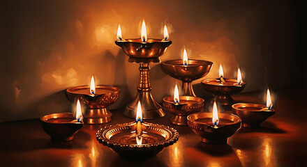 A collection of traditional oil lamps, their flames flickering brightly, cast a warm, inviting glow. The scene is filled with the rich cultural heritage.