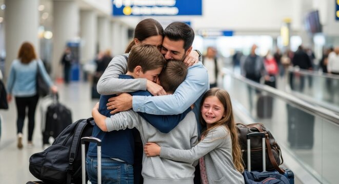 Emotional Airport Reunion: Family Embracing with Tears of Joy and Luggage - Powered by Adobe