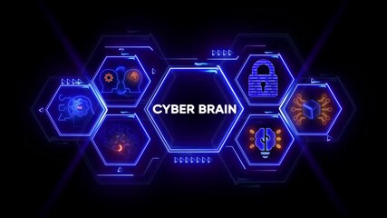 Cyber brain concept visualized on a futuristic digital interface with neon glowing hexagons and technology icons - Powered by Adobe