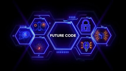 Futuristic digital interface displaying " FUTURECODE" within a neon hexagon network with technology and AI icons - Powered by Adobe