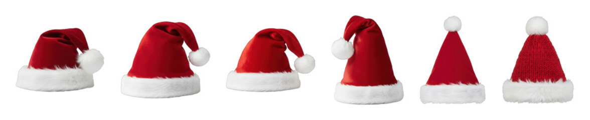 Red and white Santa hats set including plush, velvet, and knitted styles isolated. Christmas and holiday season decoration elements.