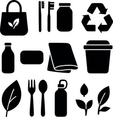 Fototapeta premium Zero Waste Lifestyle Elements Icon Set | Minimalist Eco Silhouette Vector