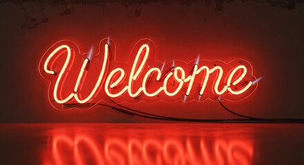 Welcome neon sign glowing red on dark wall