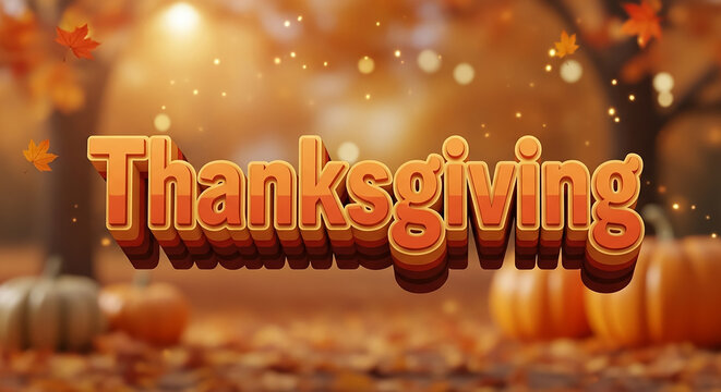 Thanksgiving text in autumn nature scene with pumpkins