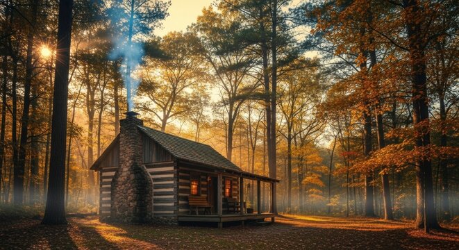 Enchanting Autumn Morning: Rustic Log Cabin with Smoke and Golden Sun Rays in Misty Forest