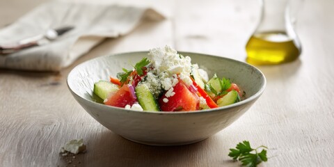 bulgarian shopska salad with sirene cheese in ceramic bowl