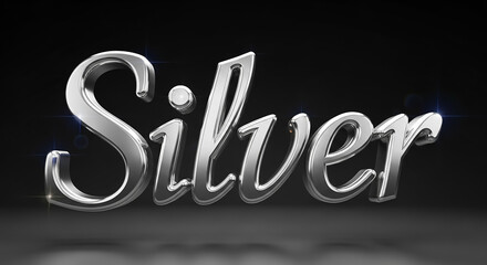 Silver word in 3d chrome metallic rendering text