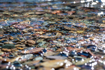 Reflections on clear water revealing colorful pebbles beneath a gentle stream at midday