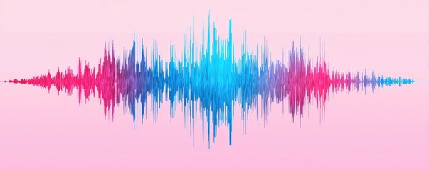 A vibrant soundwave graphic with a gradient, ranging from red to blue, on a pink background