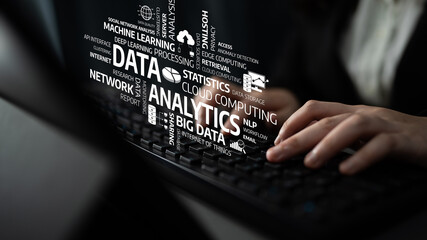 Explore the intricate world of data analytics, showcasing a hand typing on a keyboard surrounded by key concepts like cloud computing and machine learning for digital transformation. Tessel