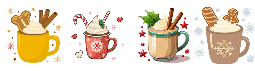 Festive Winter Mug Vector Set with Whipped Cream and Holiday Toppings &mdash; Cozy Christmas Drink Illustration Collection