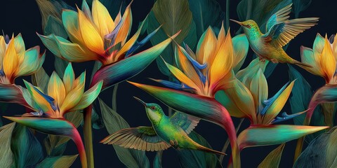 Vivid image of tropical birds and vibrant flowers against a dark background