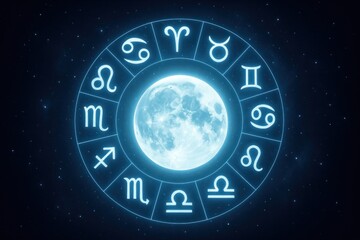 Zodiac symbols surrounding glowing moon.