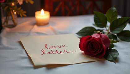 Love letter with red rose and candle on elegantly set table for Valentine's Day  