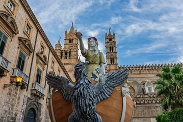 Gordijnen Smalle Straten Palermo, the historic Sicilian capital city, featuring the monumental city gate, Palermo Cathedral, ornate baroque architecture, and charming narrow streets filled with history, Sicily, Italy  © Chawran