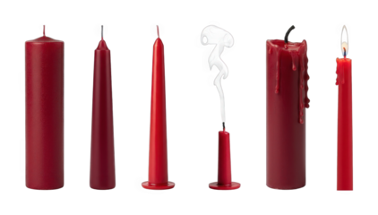 Red candle set including pillar, taper, lit, unlit, smoking, and dripped wax stages isolated. Home decor and celebration elements.