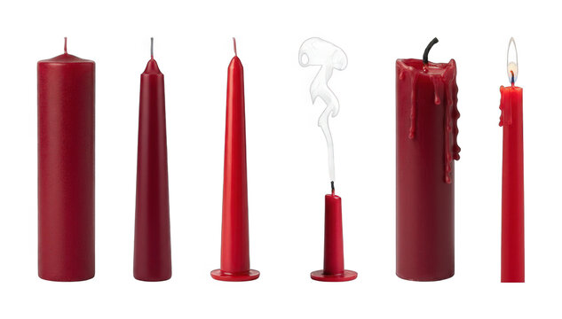Red candle set including pillar, taper, lit, unlit, smoking, and dripped wax stages isolated. Home decor and celebration elements.