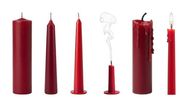 Red candle set including pillar, taper, lit, unlit, smoking, and dripped wax stages isolated. Home decor and celebration elements.
