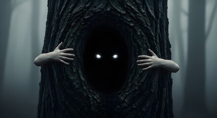A creepy creature with glowing eyes and pale hands peers out from a dark hollow in a tree trunk within a foggy forest.